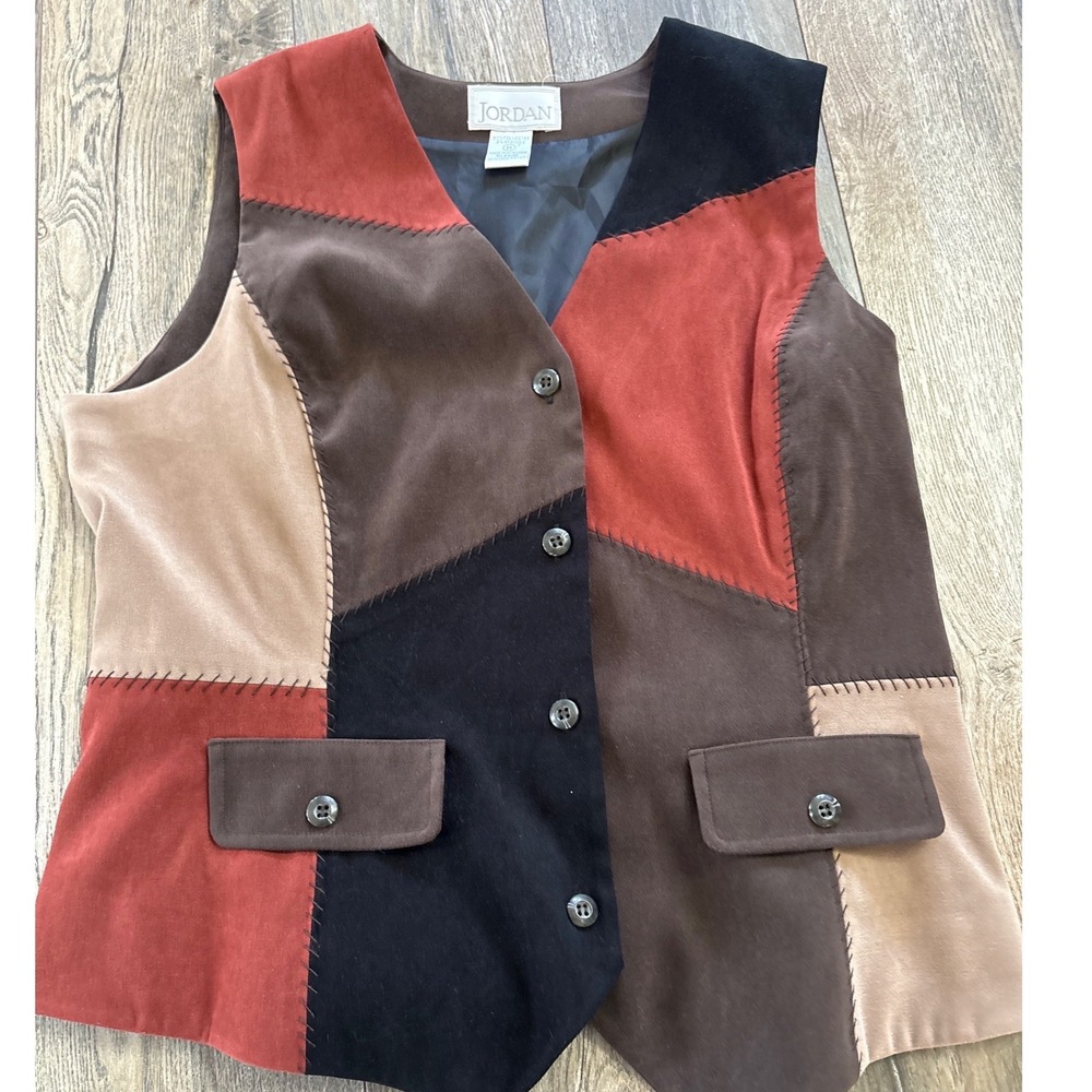 Jordan Patchwork Suede Vest Brown Rust Black Tan‎ Medium Button Front Pockets